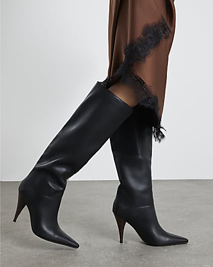 Black Knee High Cone Heel Boots