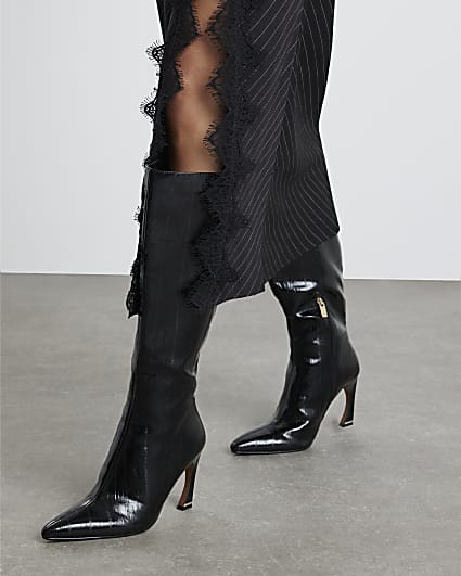 Black Flared Knee High Boots