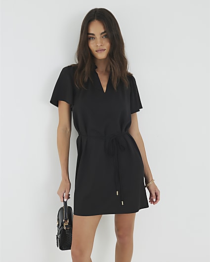 Black Belted Fluted Mini Dress