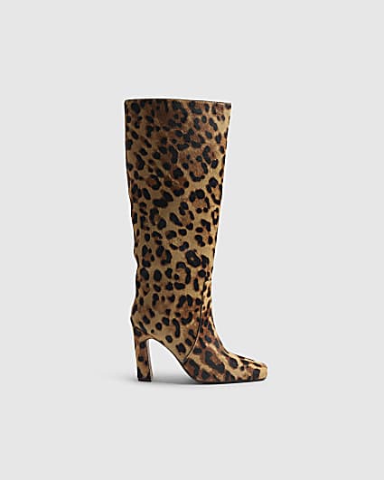 Brown Leather Leopard Print High Leg Boots