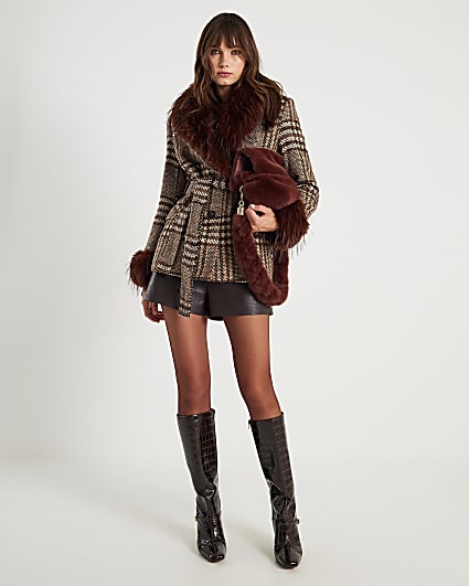 Brown Faux Fur Collar Check Wrap Coat
