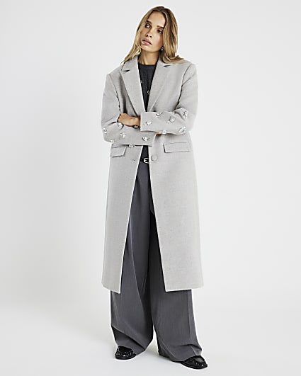Grey 3D Flower Embellished Coat