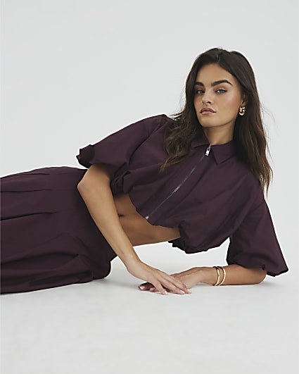 Purple Zip Front Cropped Shirt
