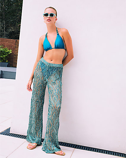 Green Metallic Knitted Beach Trousers
