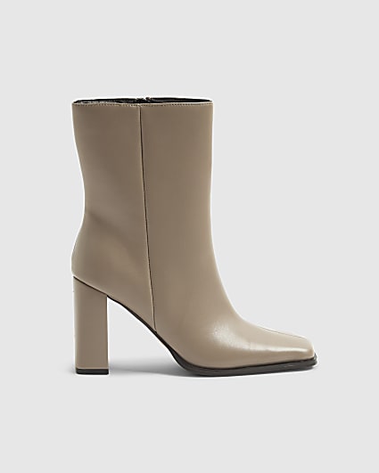 Grey Square Toe Heeled Ankle boots
