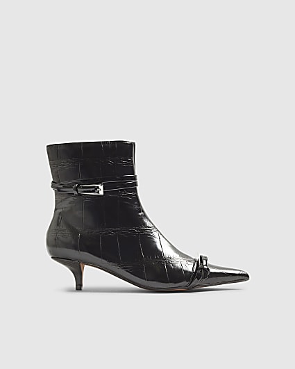 Black Croc Textured Kitten Heel Boots