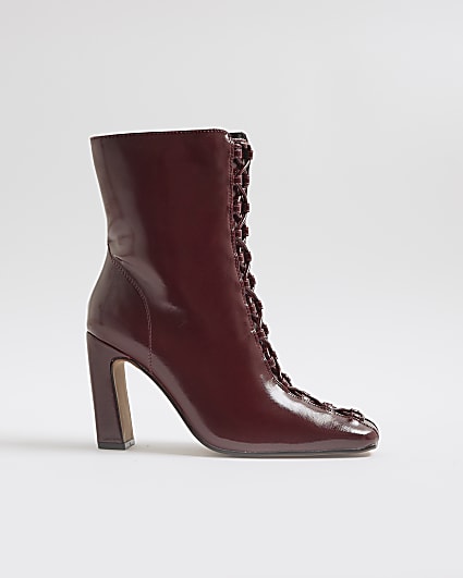 Red Lace Up Heeled Ankle Boots