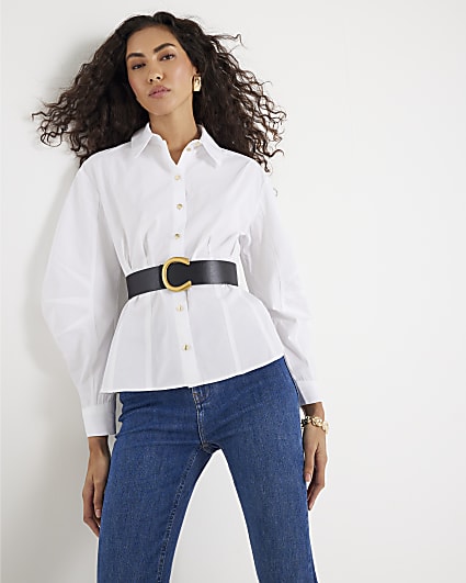 White Poplin Belted Shirt