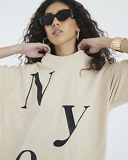 Beige Short Sleeve NYC Print T-shirt