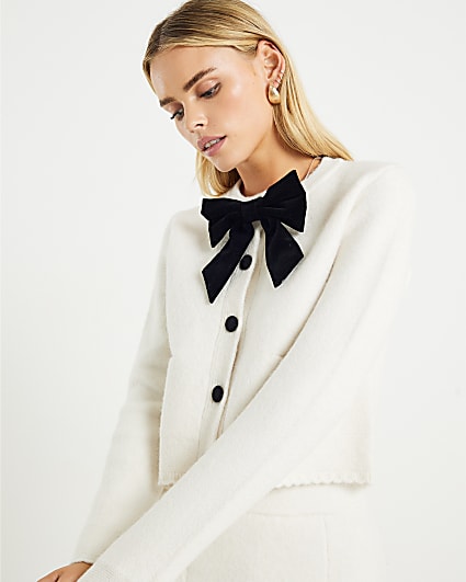 Petite Cream Bow Front Cardigan