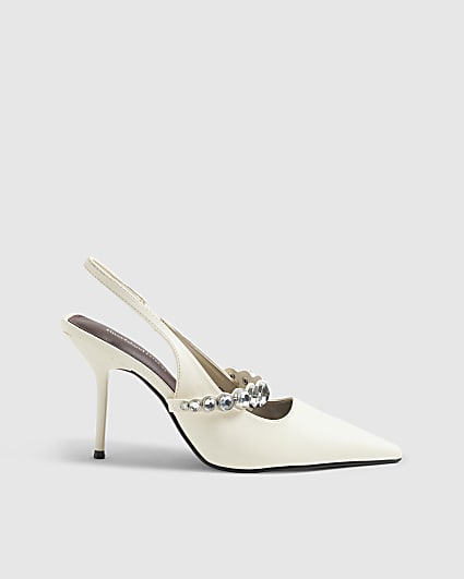 White Embellished Strap Singback Heels