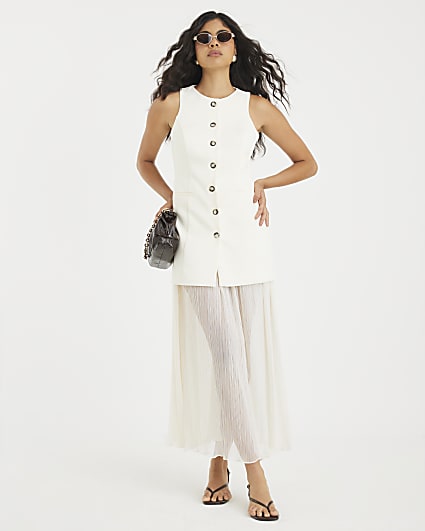 Cream Plisse Sleeveless Waistcoat Maxi Dress