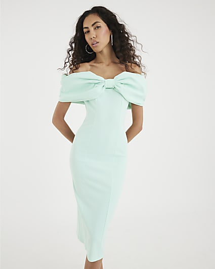 Green Bow Bardot Midi Dress