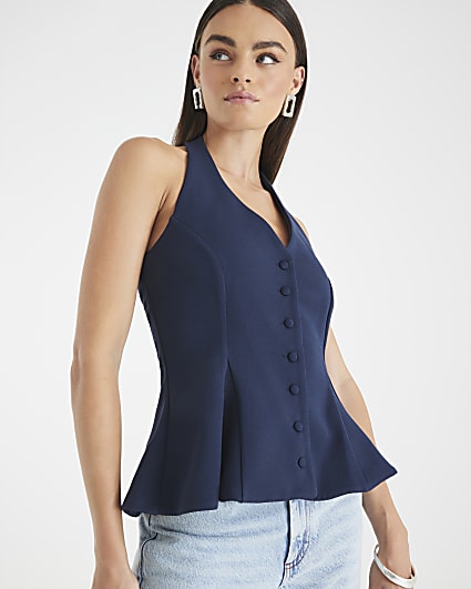 Navy Pleated Halter Neck Waistcoat