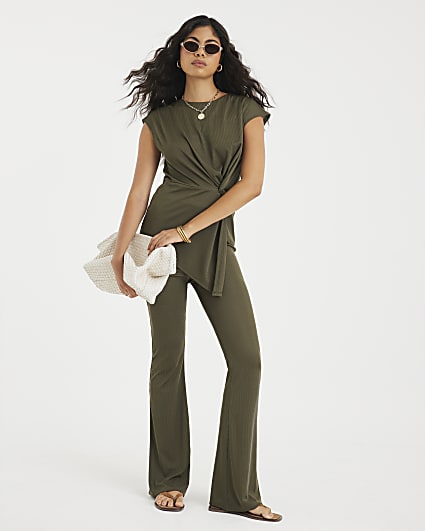 Green Ribbed Flared Trousers