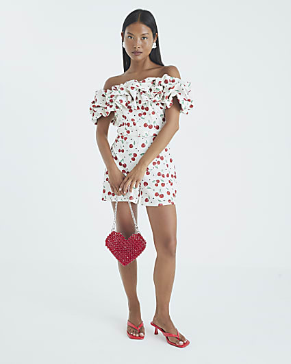 Petite Cream Cherry Print Bardot Playsuit