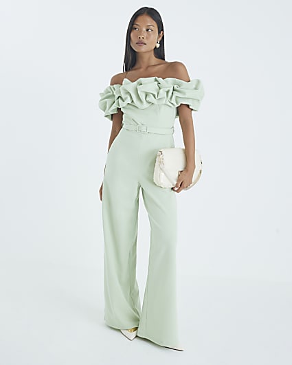 Petite Green Ruffle Bardot Jumpsuit