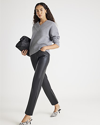 Black Faux Leather Straight Leg Trousers