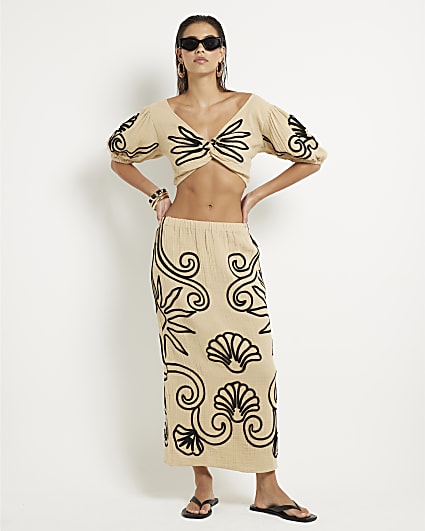 Beige Embroidered Beach Maxi Skirt