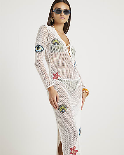 White Embroidered Knit Maxi Beach Dress