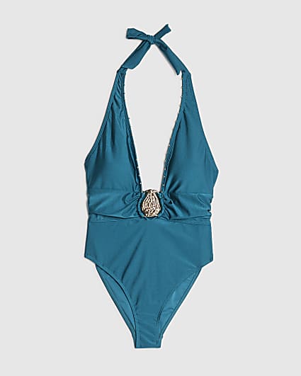 Blue Studded Plunge Halterneck Swimsuit
