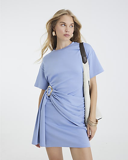 Blue Short Sleeve Belted Mini T-shirt Dress