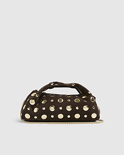Brown Faux Suede Studded Cross Body Bag