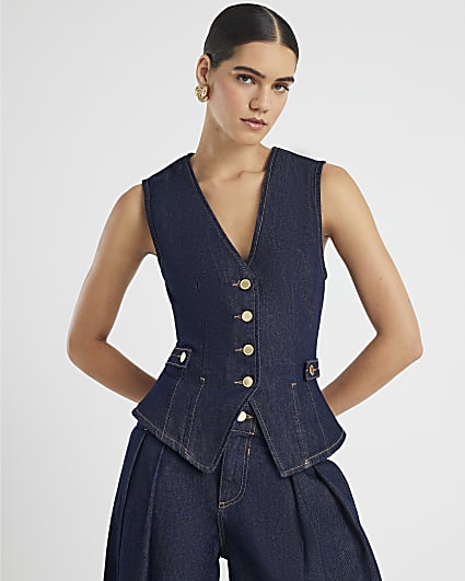Denim Fitted Tab detail Waistcoat