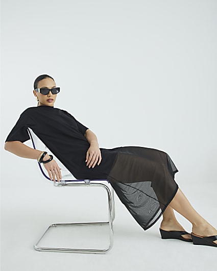 Black Mesh Hybrid T-shirt Midi Dress