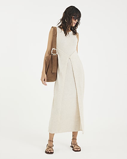 Beige Sleeveless Button Front Maxi Dress