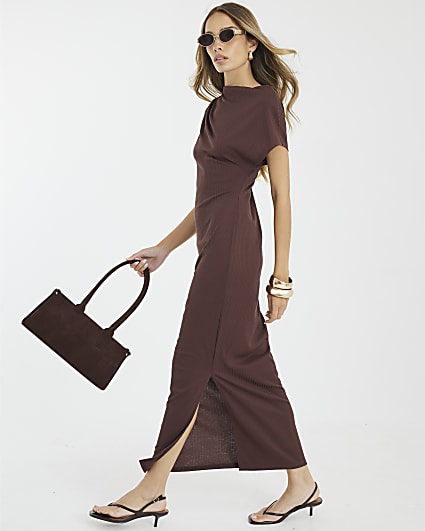 Brown Asymmetrical Ribbed Midi Dress