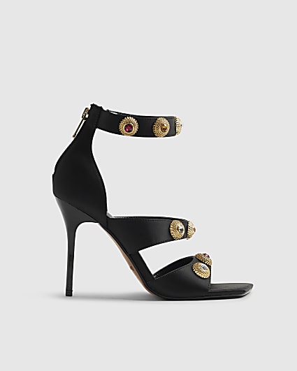 Black Embellished Strappy Heeled Sandals
