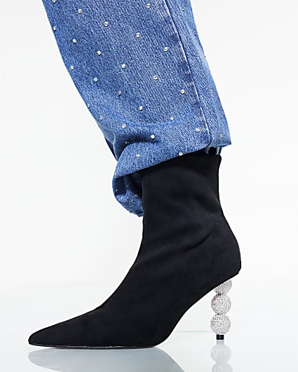 Black Diamante Ball Heeled Boots