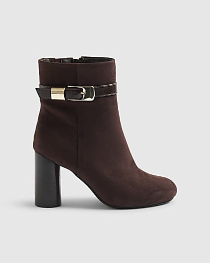 Brown Round Heeled Buckle Strap Boots