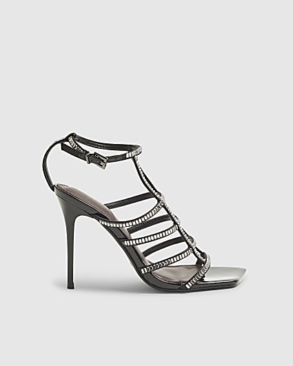 Black Embellished Cut Out Heeled Sandals