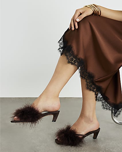 Brown Feather Kitten Heel Mules