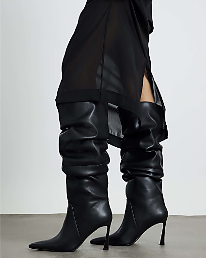 Black Wide Fit Gathered High Leg Boots
