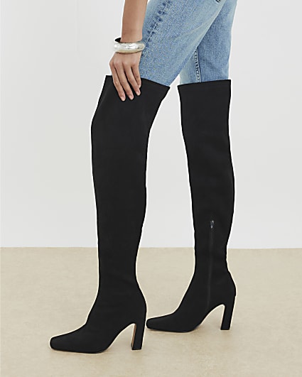 Black Wide Fit Thigh High Heeled Boots