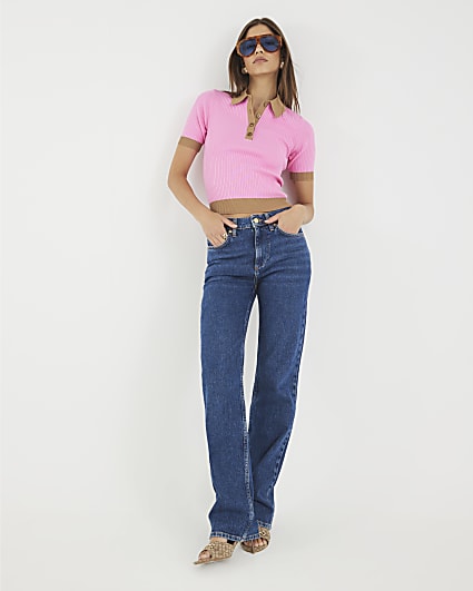 Pink Ribbed Short Sleeve Polo Top