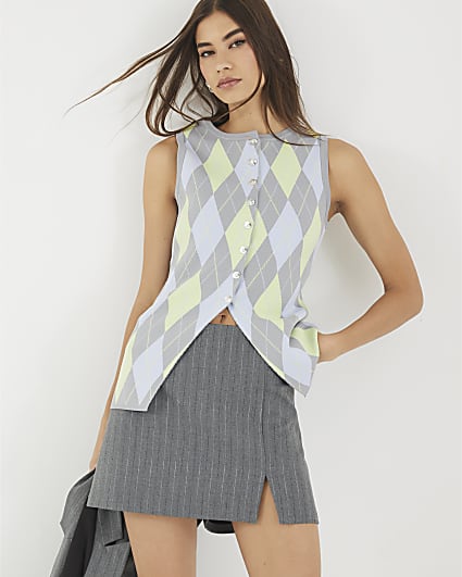 Grey Knit Argyle Print Waistcoat