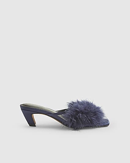 Blue Feather Kitten Heel Mules