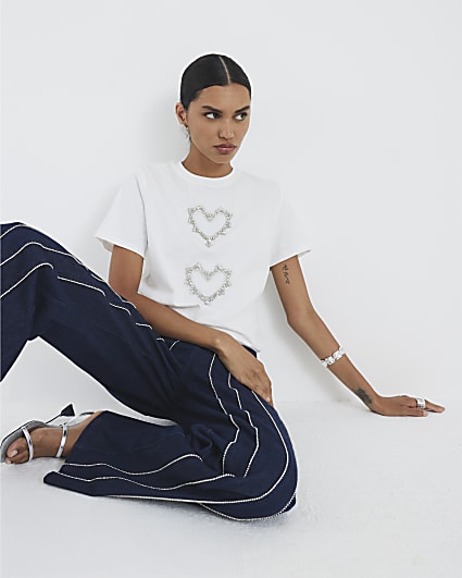 White Short Sleeve Heart Diamante T-shirt