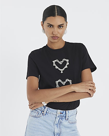 Black Short Sleeve Heart Diamante T-shirt