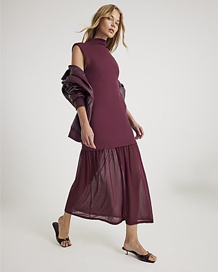 Red Drop Waist Ribbed Hybrid Midi Dress