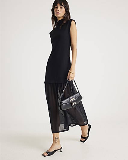 Black Drop Waist Ribbed Hybrid Midi Dress