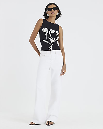 Black Knitted Floral Applique Vest Top
