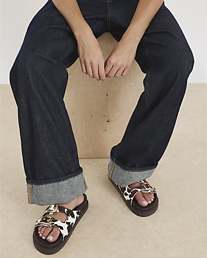 Brown Cow Print Double Strap Footbed Sandals