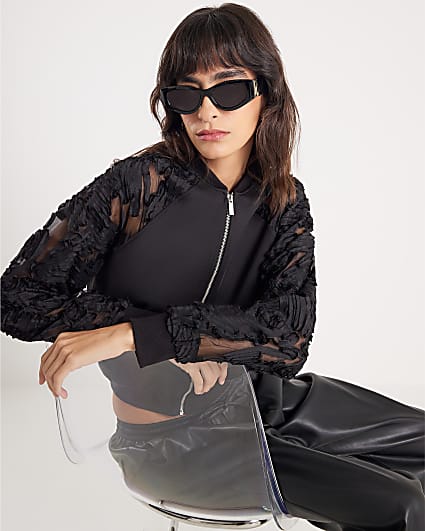 Black Boutique Sheer sleeve Bomber Jacket