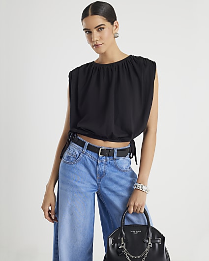 Black Bubble Hem Ruched Top