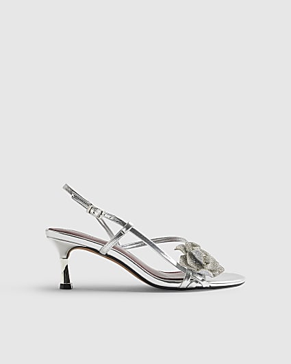 Silver Embellished Flower Heeled Sandals